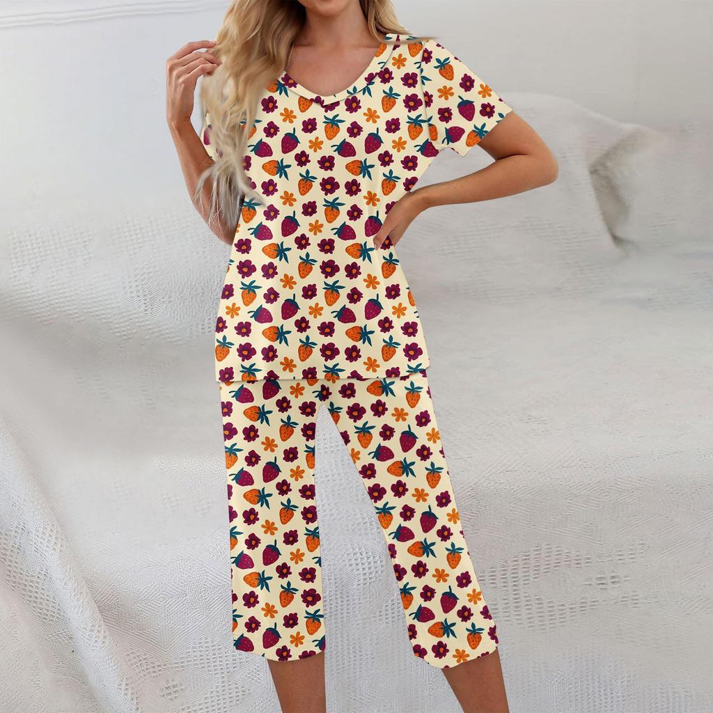 2 Piece Sets For Women Short Sleeve Top And Pants With Pockets Workout Soft Floral Print Sets