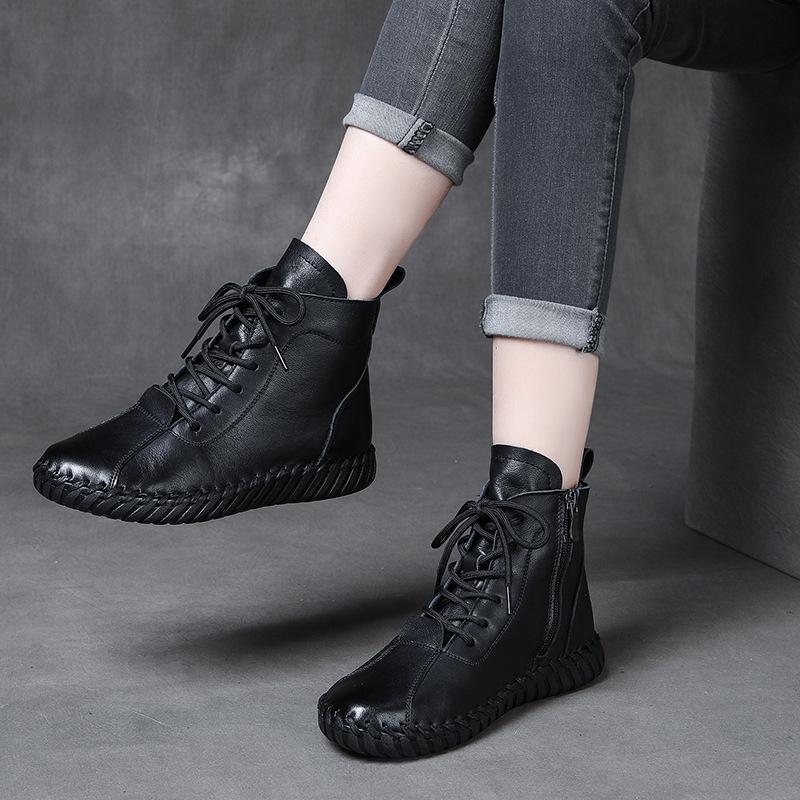 Leather single boots hand-sewn bare boots casual shoes autumn and winter new beef tendon soft-soled short boots