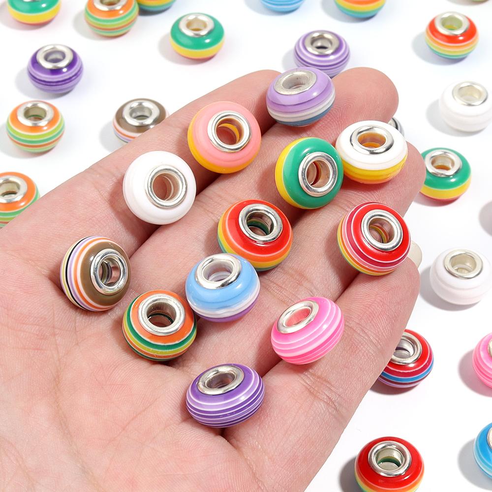 20pcs 14x8.5mm Resin Beads Rainbow Stripe Flat Round Big Hole Loose Beads For Jewelry Making DIY Bracelets Necklace Accessories