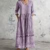 Ladies Light Gray Washed V-neck Seven-quarter Sleeve Long Dress Hem Flower Embroidery Loose Pleated Side Holiday Dress