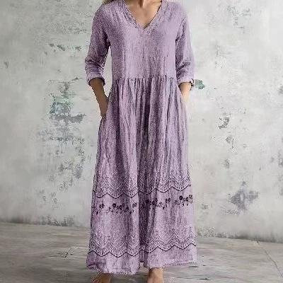 Ladies Light Gray Washed V-neck Seven-quarter Sleeve Long Dress Hem Flower Embroidery Loose Pleated Side Holiday Dress