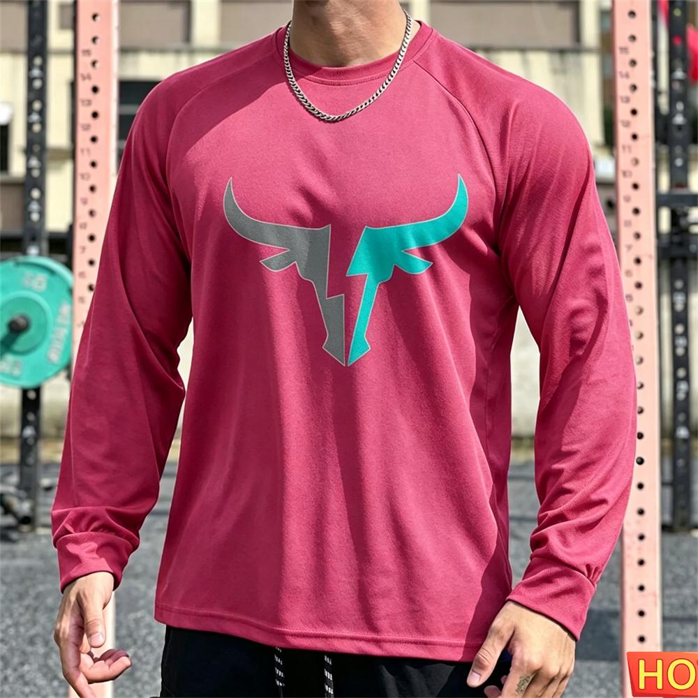 Autumn Men's Long sleeved T-shirt OX Head Men's Fitness T-shirt Polyester Elastic Sports T-shirt Breathable Graphic Gym T-shirt top