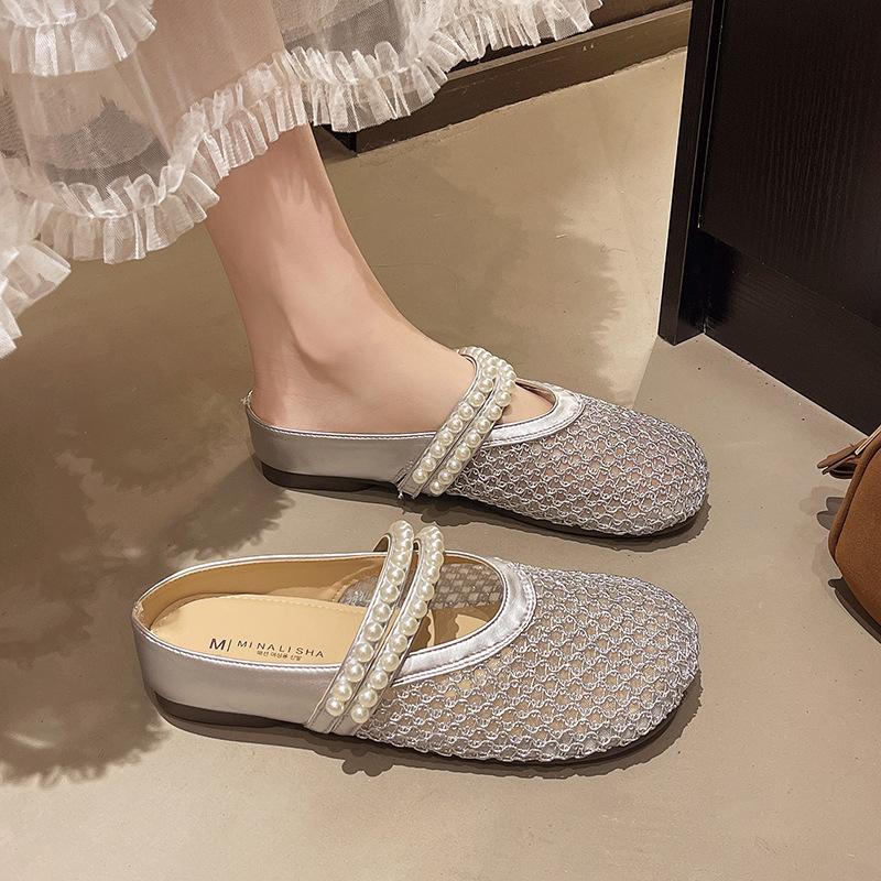 Woven fishing net shoes bag head half slippers women's summer wear new one-pedal thick-soled Mary Jane sandals