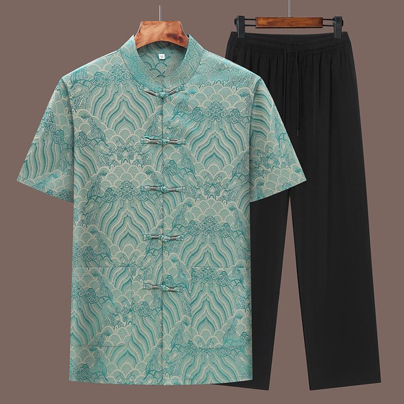 Men's Summer Tang Suit: Short Sleeve, Stand Collar, Frog Buttons, Two-Piece Set, Multi-color