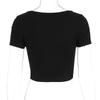 Womens Black Ribbed Square Neck T Shirt With Rhinestone Detail Short Sleeve Slim Fit Casual Top