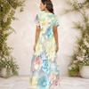 Women Plus Size V Neck Short Sleeve Printed Navy Blue Straight Long Maxi Dress