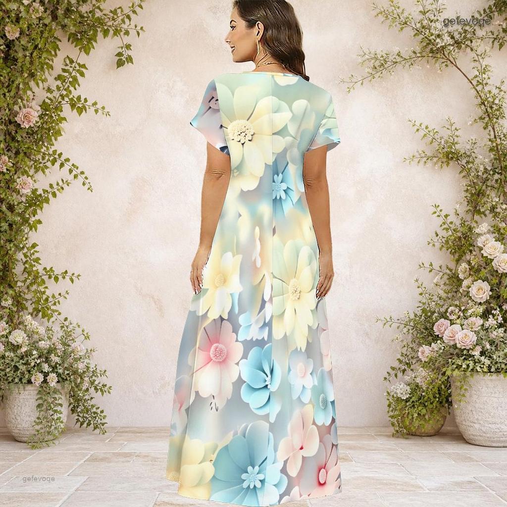 Women Plus Size V Neck Short Sleeve Printed Navy Blue Straight Long Maxi Dress