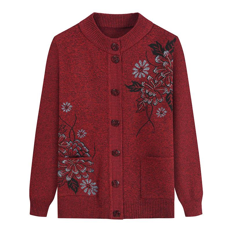 LAOHU Print Middelbare Leeftijd Oudere Moeder Lente Herfst Lange Mouwen Trui Dames Gebreide Basis Shirt Oma Vest Mujer One Size rood
