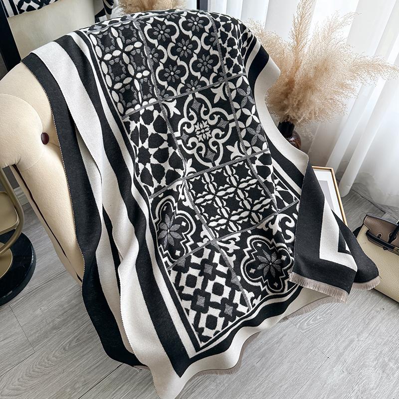 Winter  Two-Sided Geometric Scarf Mature Imitation Cashmere Warm Shawl Autumn Office Coldproof Windproof Wrapped Scarf