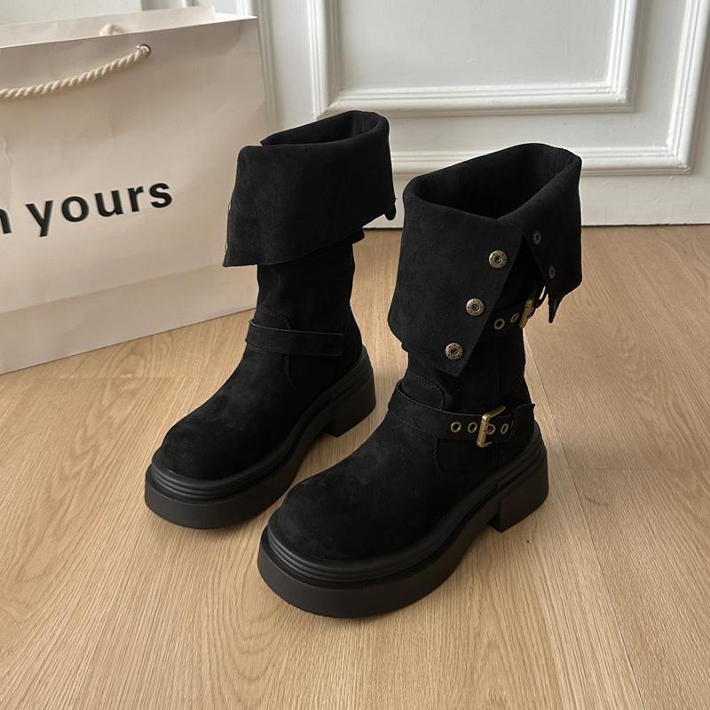 Winter Fashion Belt Buckle Knee High Boots Women Platform Heels Shoes Design Elegant Knight Long Boot