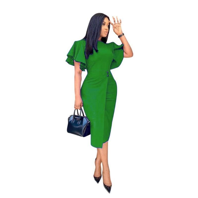 Summer Lotus Leaf Sleeve Split End Tight Bandage Professional Solid Color Women's Clothing African Large Size Dress