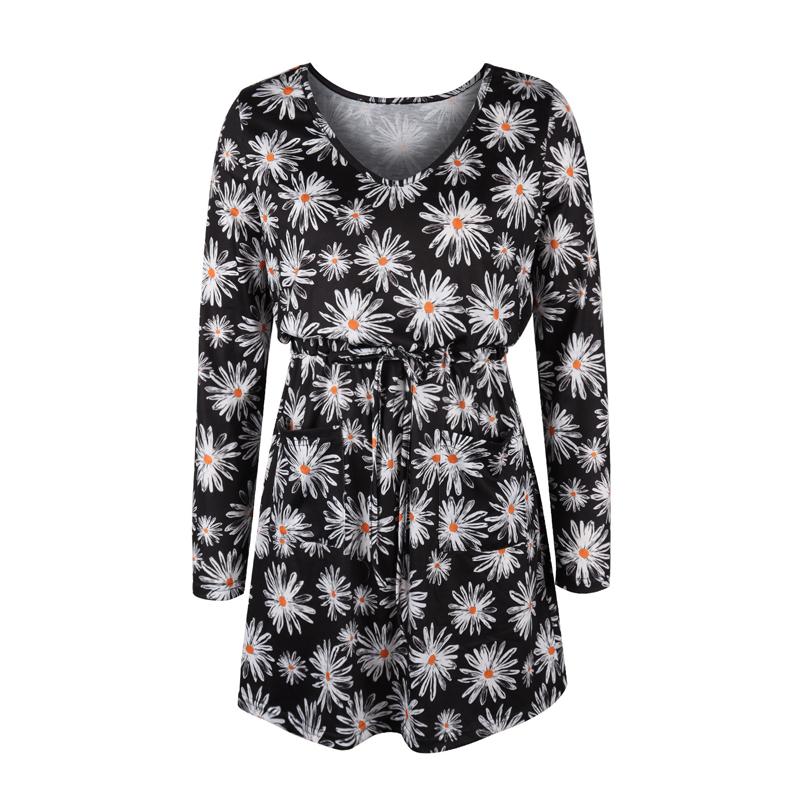 

Женское платье миди с цветочным принтом. Женское праздничное повседневное свободное платье с круглым вырезом и длинными рукавами. 2XL чёрный/белый
