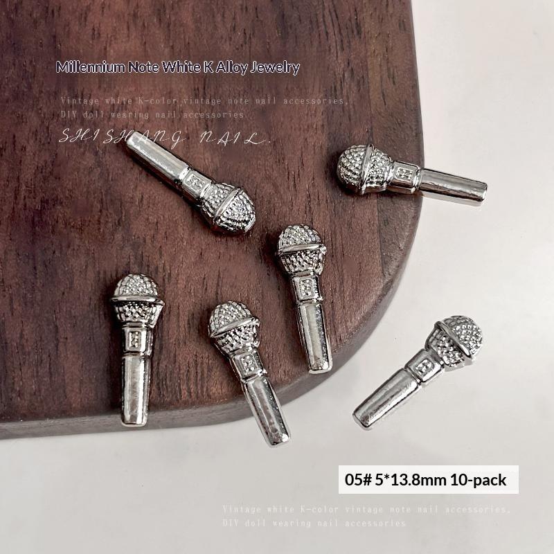 10Pcs Notes Guitar Microphone Punk Style Music Elements Rivet Nail Decor Silvery Instruments Metal Nail Art Charms Decoration