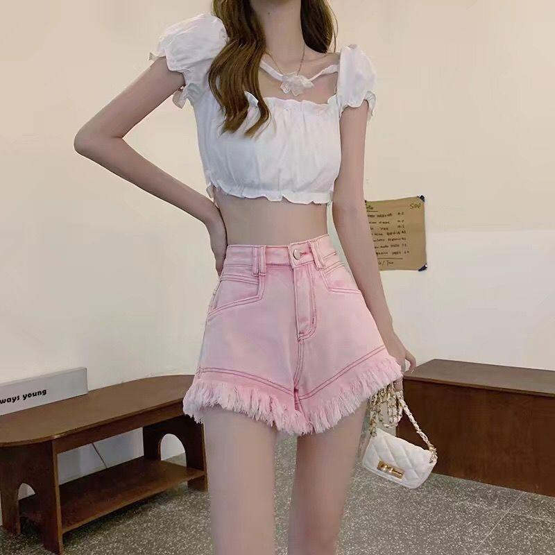 

Брюки с кисточками и меховой отделкой, джинсовые шорты, летний новый стиль, облегающие джинсы с высокой посадкой для женщин L розовый