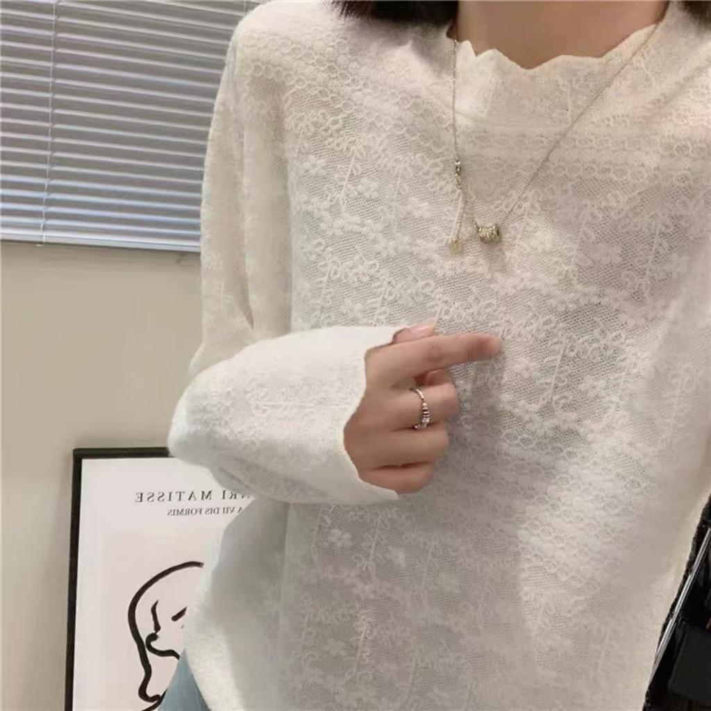 Lace semi-turtleneck knitted bottoming shirt for women's autumn and winter new versatile sweater bottoming jacquard top for women