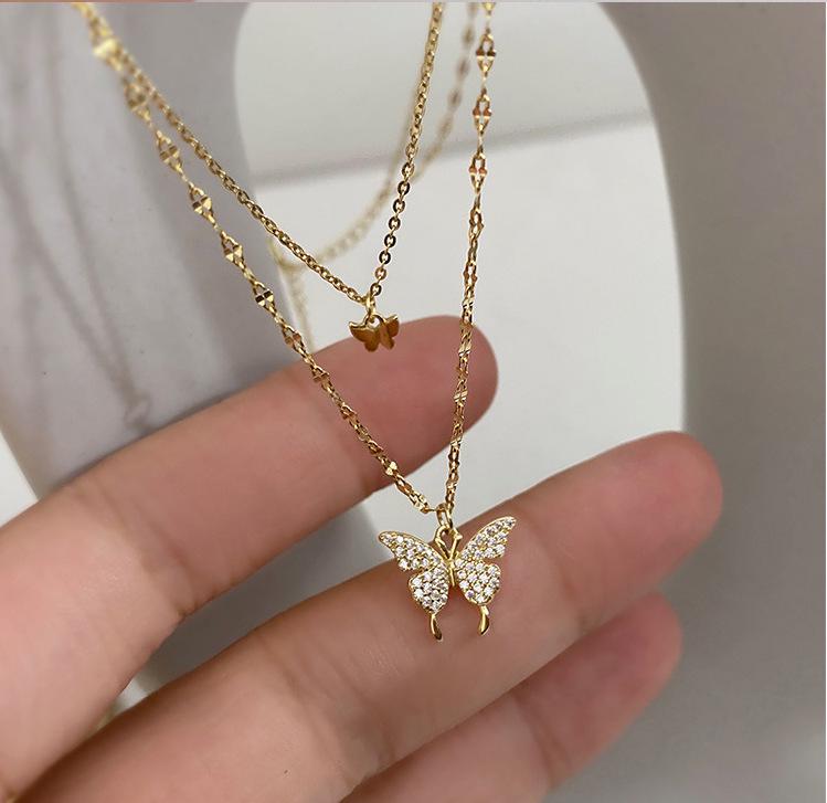 Double Layer Butterfly Pendant Rhinestone Choker Necklace – Women's Ins Style Clavicle Chain.