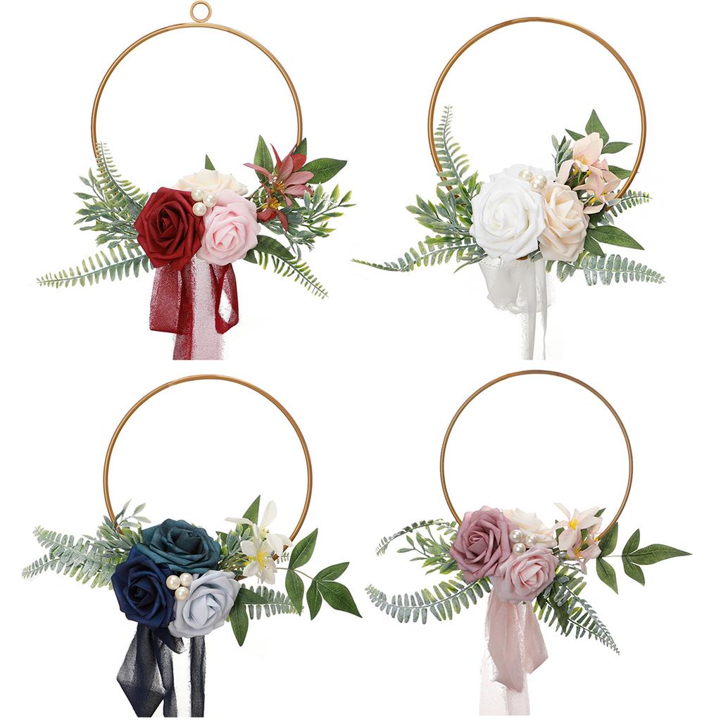Wedding Floral Hoop Wreath Artificial Flower Wreath for Bridesmaids Bridal Shower Ceremony Anniversary Rose Red