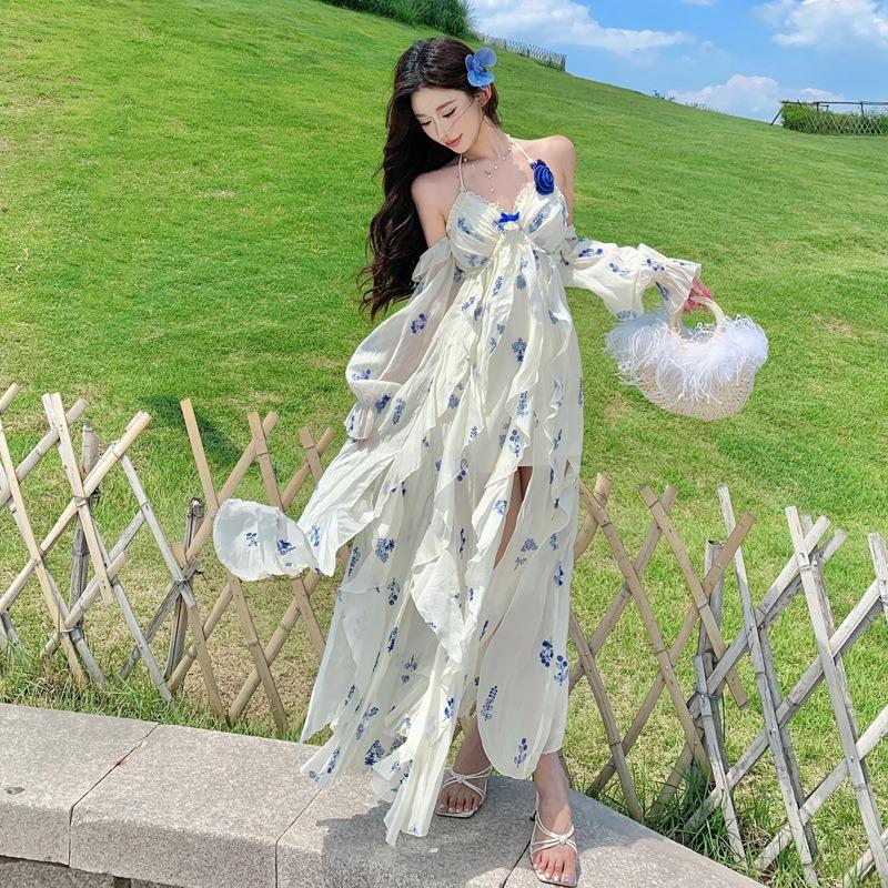 French High-end Island Beautiful Vacation Neck Sling Dress Women's Irregular Ruffle Edge Backless Dress