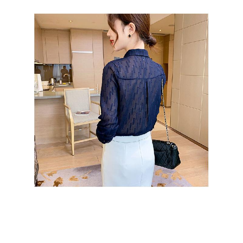 Bow-tie chiffon women's long-sleeve shirt, 2026 new model, spring and autumn blue blouse