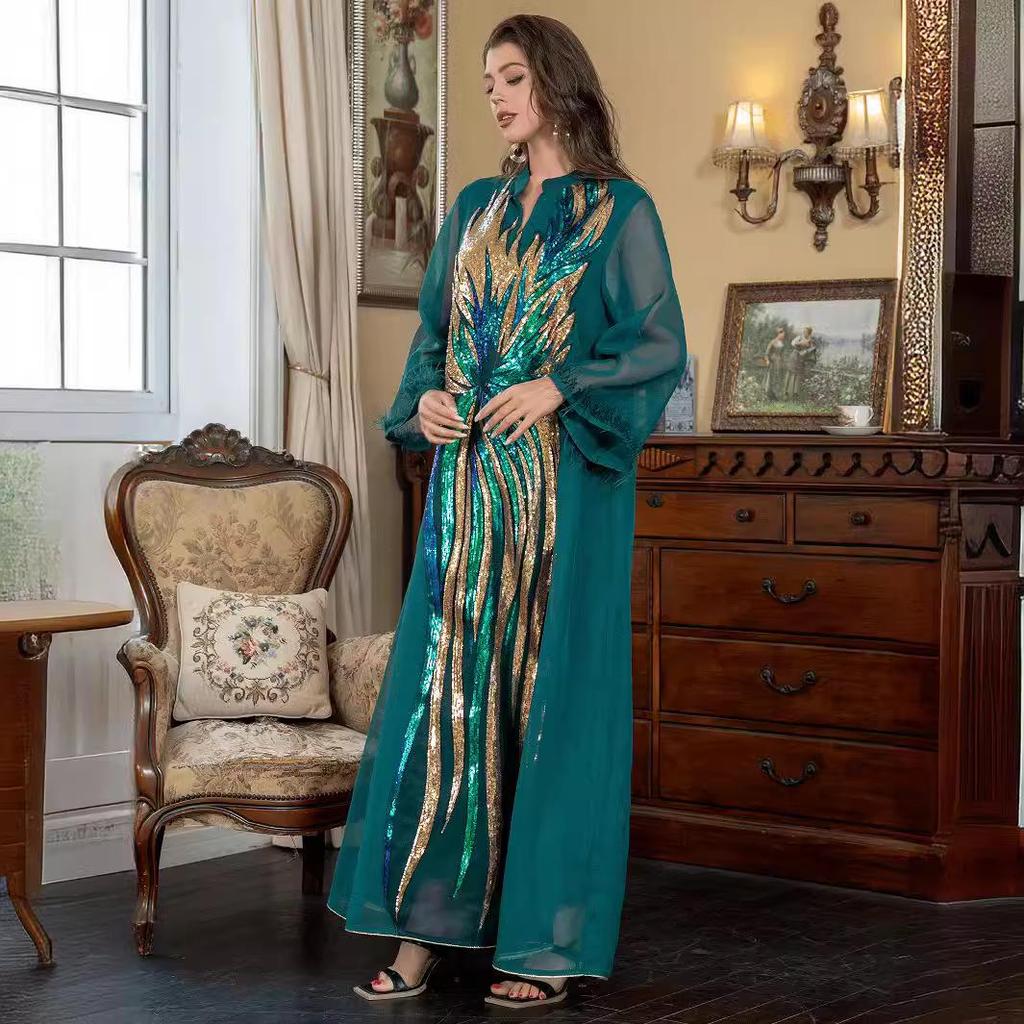 SW008 V-Neck Long Sleeve Muslim Abaya with Ostrich Feather and Sequin Embellishments