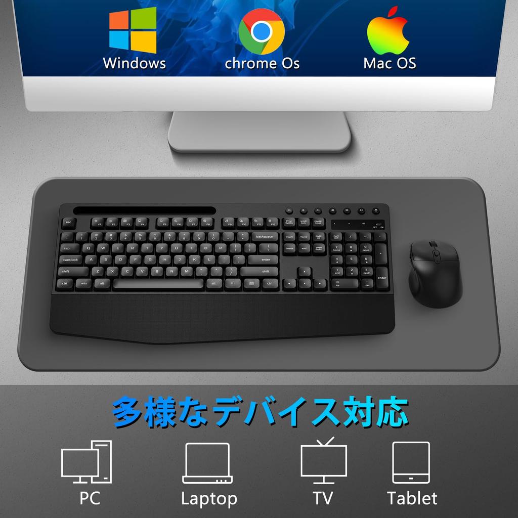 HUO JI Kabelloses Tastatur- und Maus-Set, Leise, Volle Größe, Englisches Layout, 2,4 GHz Kabellos, Null Latenz, Ergonomische Handgelenkauflage, 6-Tasten Gaming-Maus,