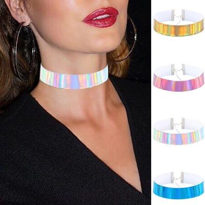Holographic Choker Necklace Women PU Leather Chocker Handmade Laser Chocker Rainbow Punk Gothic Neck