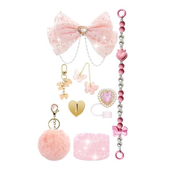 1 Set Tassenhülle Funkelnde Strasssteine Schleife Plüschball Dekoration Kunstperlen Lanyard Tassenzubehör mit Silikonboden-Schutz