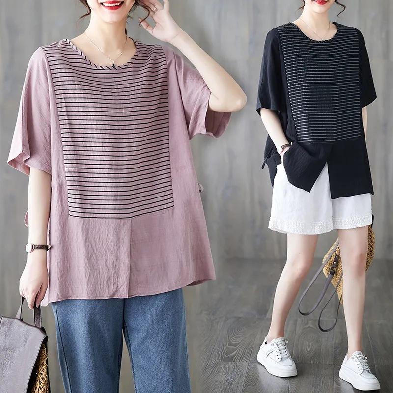 Fashion Striped Patchwork T Shirts Summer Short Sleeve Loose Solid Split Hem Casual Tees Vintage Trend Women
