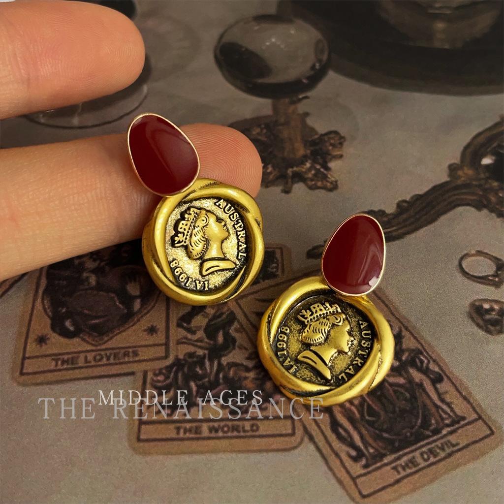 Легкие средневековые мазки и старинные портретные монеты трехмерные геометрические серьги легкая роскошь серьги-подвески с глазурью