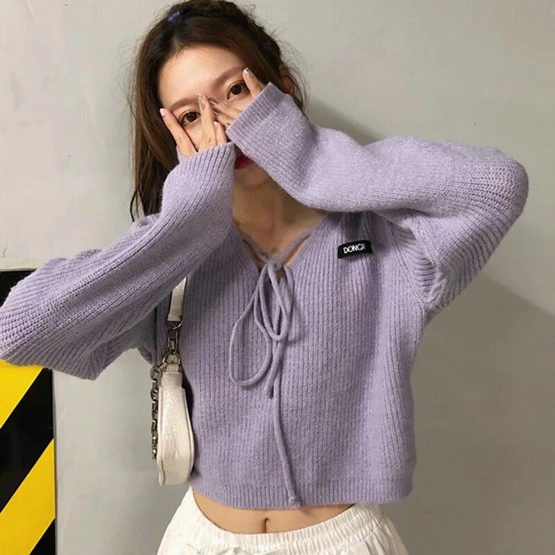 

Короткий свитер с v-образным вырезом и завязками, женский свободный вязаный топ с длинными рукавами One Size