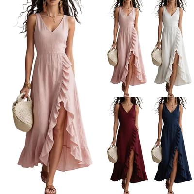 Women's Sleeveless V Neck Maxi Dress with Ruffle Trim and Side Slit Casual Summer Beach Vacation Dress