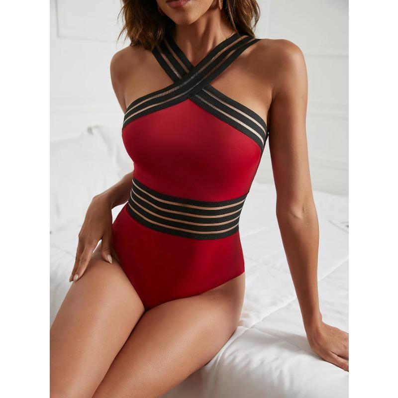 2025 Women One Piece Swimsuit Sexy  Mesh Splicing Swimwear Push Up Bathing Suits Solid Halter Female Beachwear Monokini Bodysuit