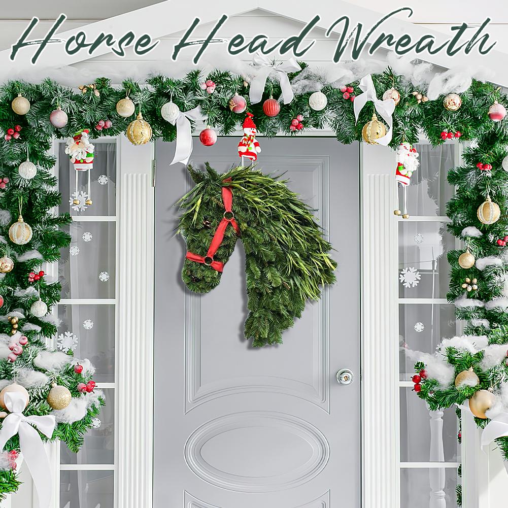 Winter Artificial Horse Head Wreath Artificial Cedar Garland Mantle Wall Indoor Outdoor Christmas New Year Decorations Ornament