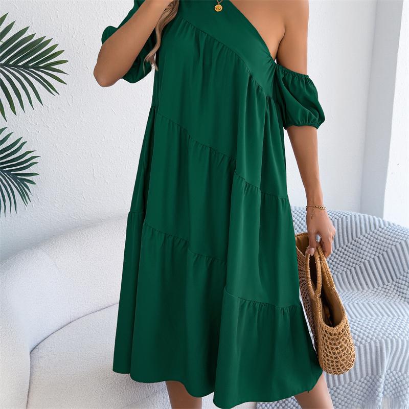 2026 Spring Summer Women's Off Shoulder Short Sleeved Ruffled Hem Long Skirt S-XL