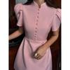 2026 Summer Stand Collar Puff Sleeve High Waist Dress for Women – Trendy European & American Style