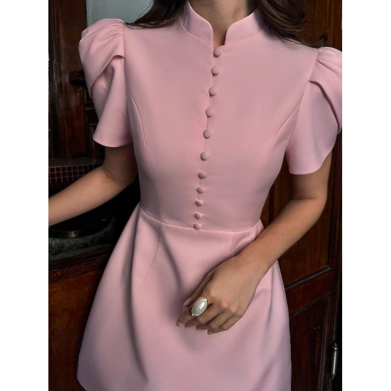 2026 Summer Stand Collar Puff Sleeve High Waist Dress for Women – Trendy European & American Style