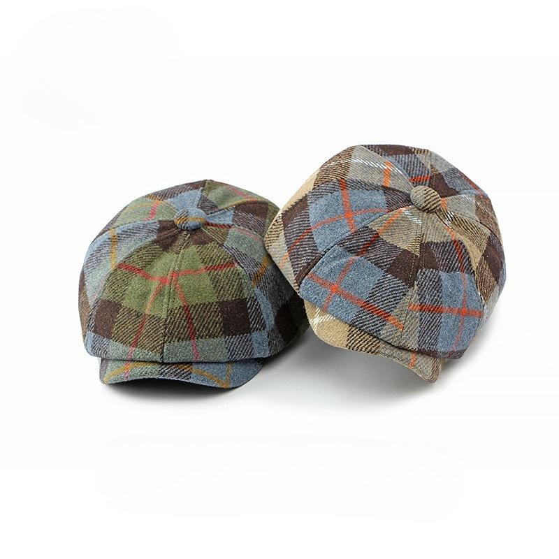 New Autumn Winter British Retro Plaid Newsboy Cap Men Women Woolen Octagonal Hat Vintage Beret Peaked Cap
