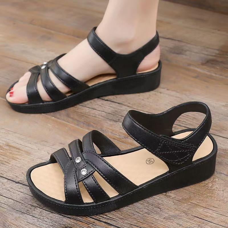 Women's Summer New Wedges Hollow Out Sandals Open Toe Thick Sole Non Slip Light Velcro Washable Middle Aged And Elderly Sandals