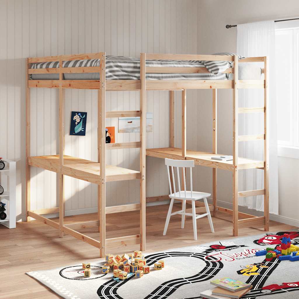 High Bed with Desk & Ladder 160 X 200 Cm Solid Pine Wood