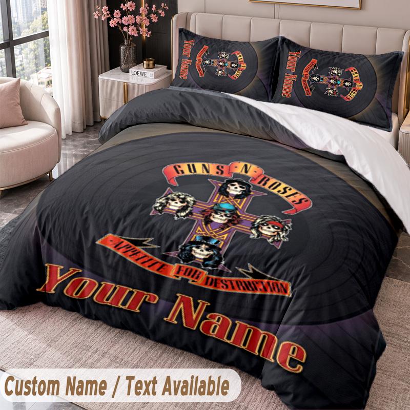 Guns N’ Roses Printed Bedding Set Custom Name Text 1 Duvet Cover 2 Pillowcases For Bedroom