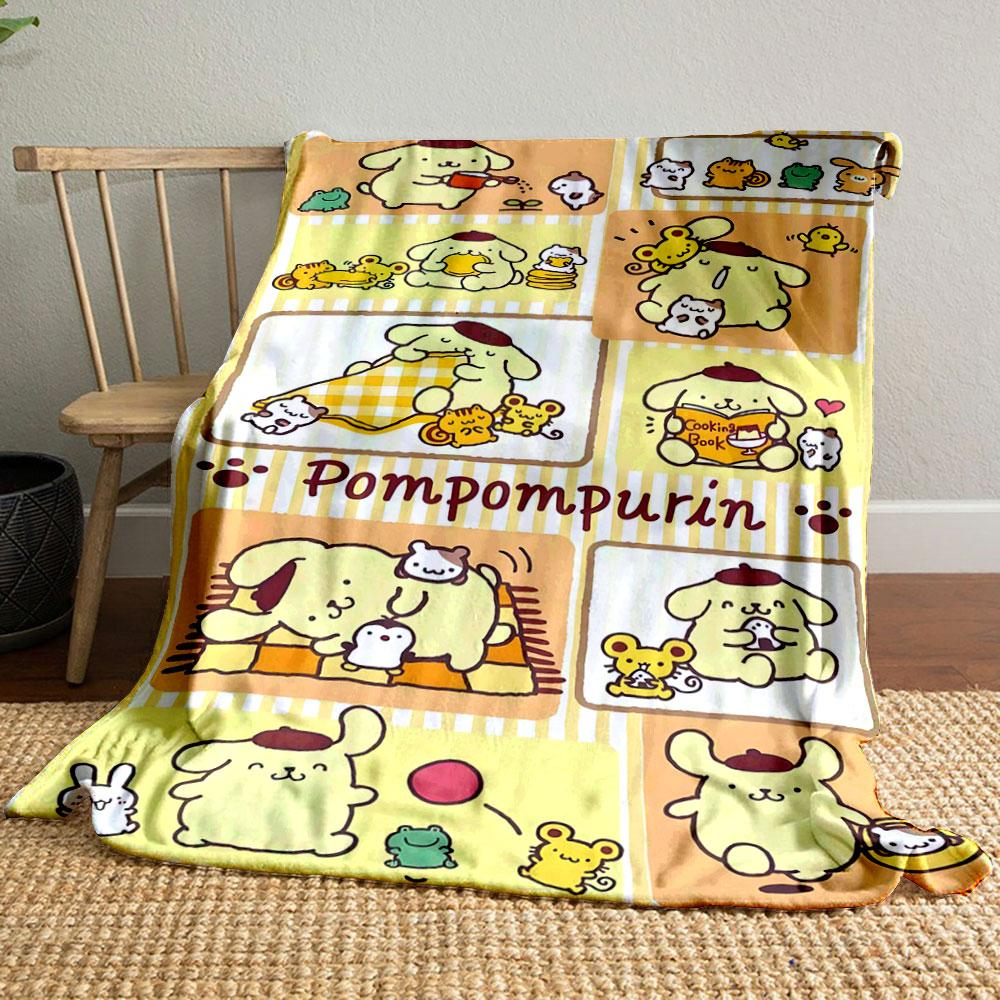 The image features playful scenes of Pompompurin with friends and activities. for all seasons blanket lunch break throw gift