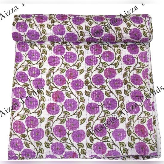 Aizza Trends Cuvertură Kantha din Bumbac Pur Imprimat Lucrată Manual - Aspect Tradițional Cuvertură de Pat Kantha Gudri - Gudri Vintage Cusute Manual