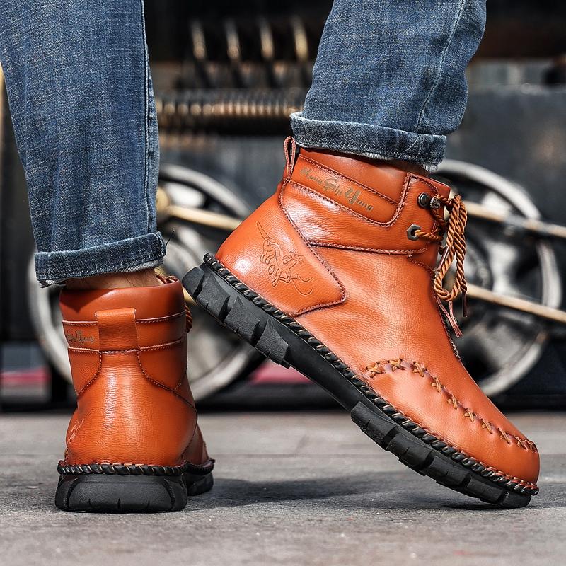 Mens Handmade Genuine Leather Boots Retro Boots Men's Genuine Leather Large Men's Shoes High Top