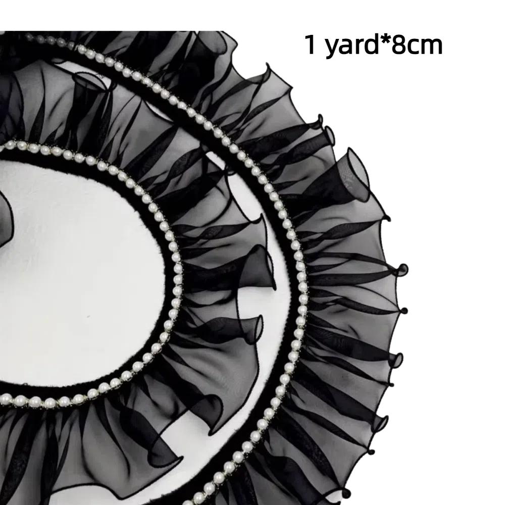 New 8cm Wide Beaded Ruffle Lace DIY Black Pleated Ruffled Fabric Organza Pearl Lace Accessories Dress Skirt Collar Edge