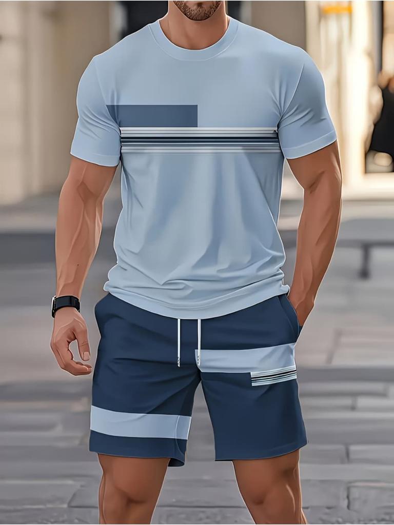 Casual Stripe Printed T-Shirt Shorts Loose Men's Short Sleeve Tee Elastic Waist Shorts Set Sports Clothes
