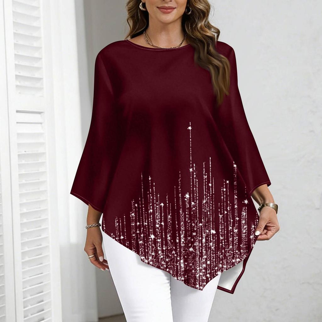 Top da Donna Taglie Forti Casual Vestibilità Larga Manica a Tre Quarti Stampa Sfumata Girocollo Orlo Asimmetrico Pullover Blusa