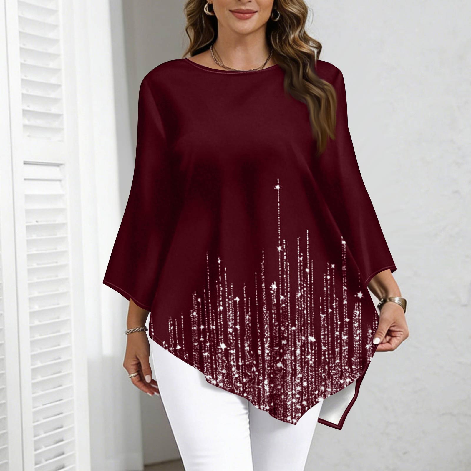 Women s Plus Size Fashionable Casual Loose Fit Three Quarter Sleeve Elegant Gradient Print Top XXXXL винный