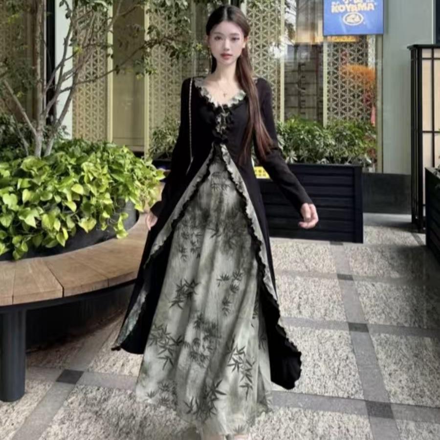 New Chinese style V-neck front shoulder dress for women's early autumn new large size fat mm cold zen dress