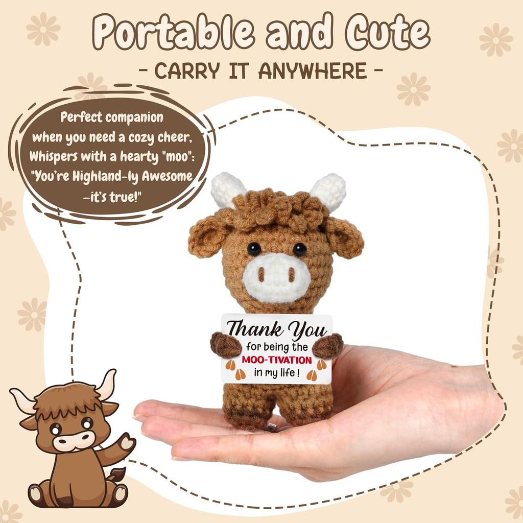 New Knitted Positive Cow Doll Handmade Emotional Support Positive Crochet Xmas Tree Gifts for Christmas New Year Birthday