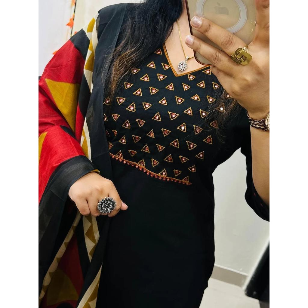 Black Heavy Cotton Ethnic Salwar Kameez Women Designer Kurta Pant Dupatta Set